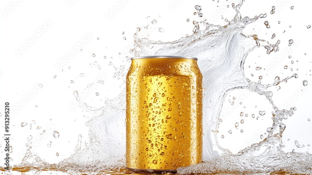 Poster beer can with splashing liquid, isolated against a white background, emphasizing the refreshing spla