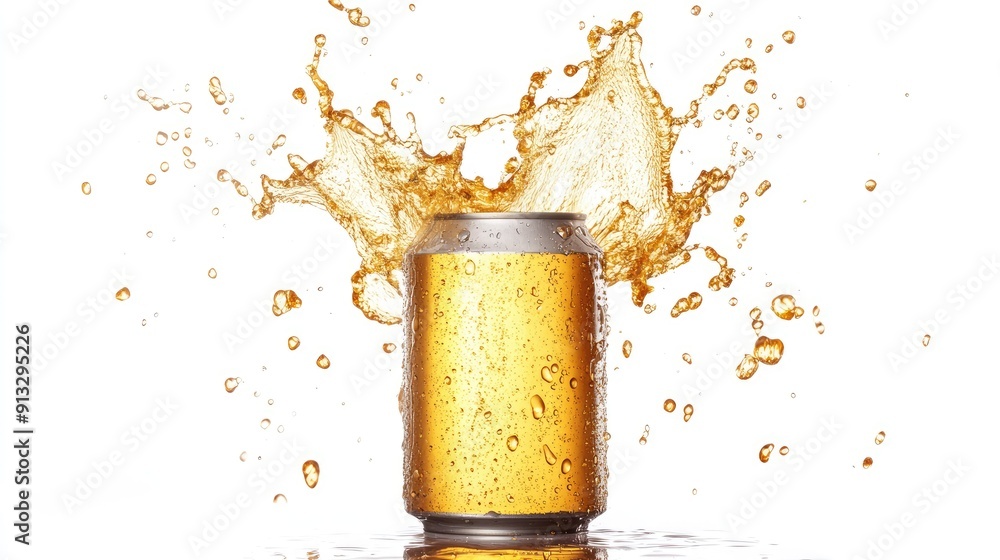 Poster beer can with splashing liquid, isolated against a white background, emphasizing the refreshing spla