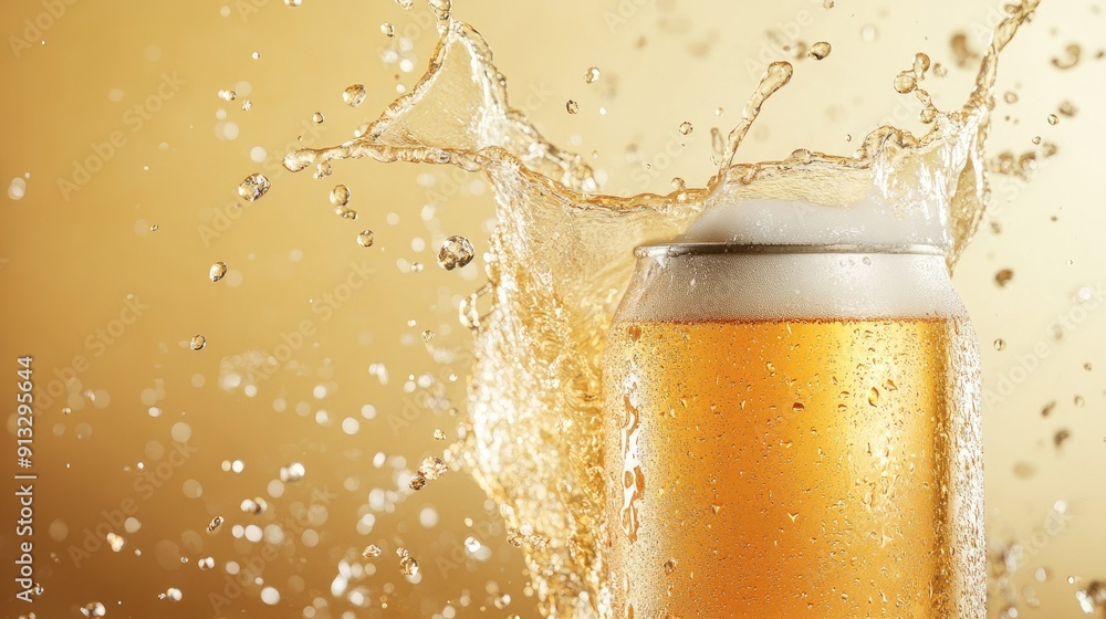 Poster can of beer with liquid splashing out, isolated on a clean background for a dynamic, refreshing effe