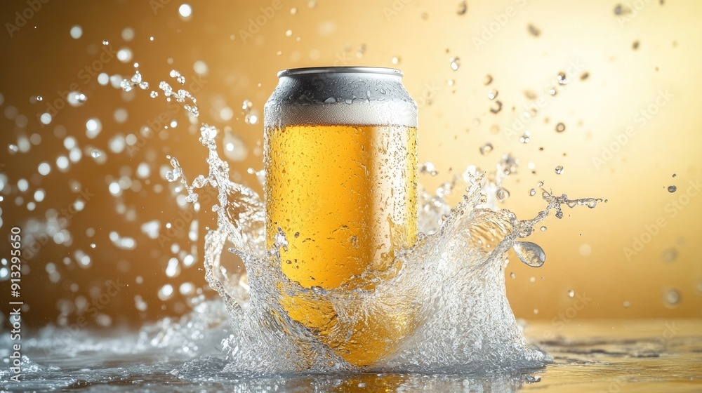Poster can of beer with liquid splashing out, isolated on a clean background for a dynamic, refreshing effe