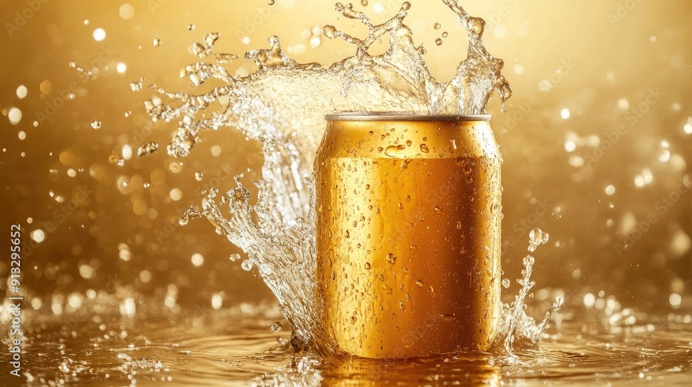 Poster can of beer with liquid splashing out, isolated on a clean background for a dynamic, refreshing effe