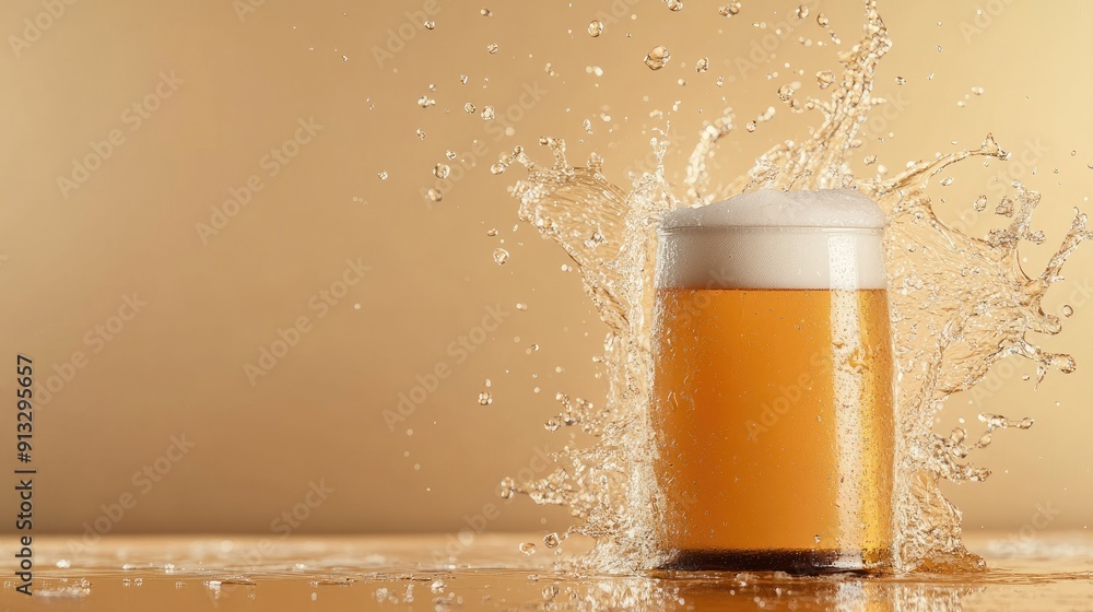 Poster can of beer with liquid splashing out, isolated on a clean background for a dynamic, refreshing effe
