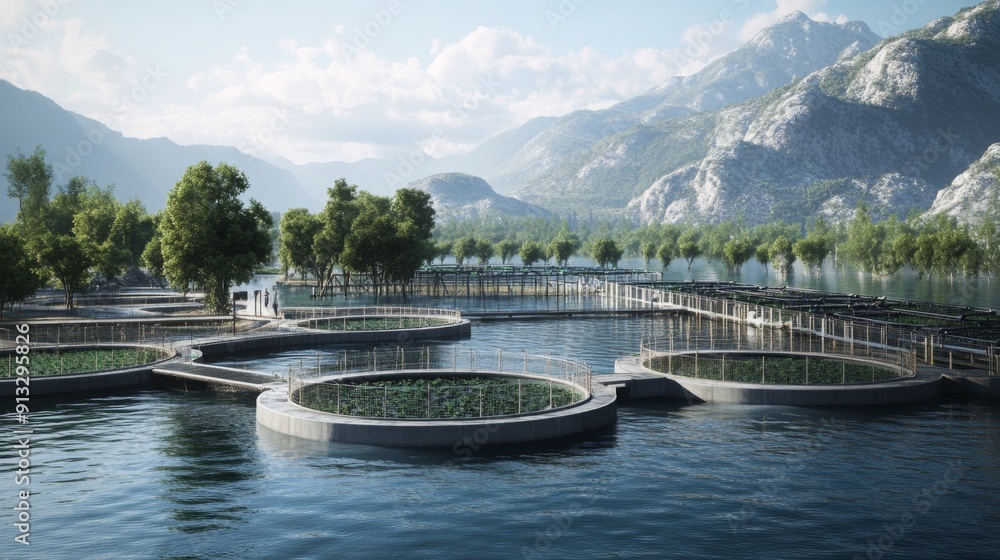 Poster a serene aquaculture farm features circular fish tanks surrounded by lush greenery and mountains, sh