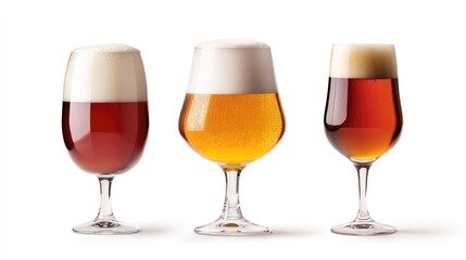 Collection of three unique beer glasses against a white backdrop, with clipping paths to highlight each detail.