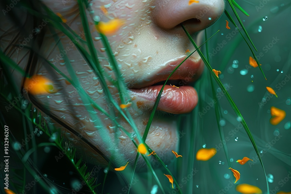 Aufkleber a stylized face features grass and flower petals, creating an ethereal and enchanting atmosphere. ge