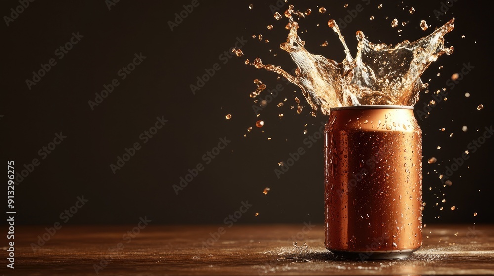 Poster dynamic shot of a beer can with liquid splashing out, isolated on a simple background for high impac