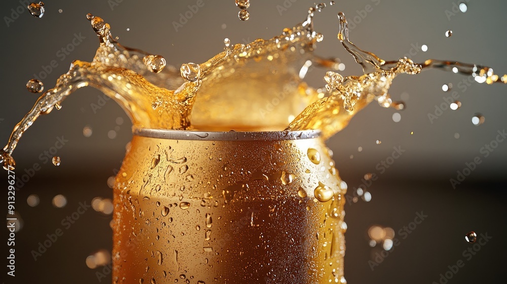 Poster dynamic shot of a beer can with liquid splashing out, isolated on a simple background for high impac
