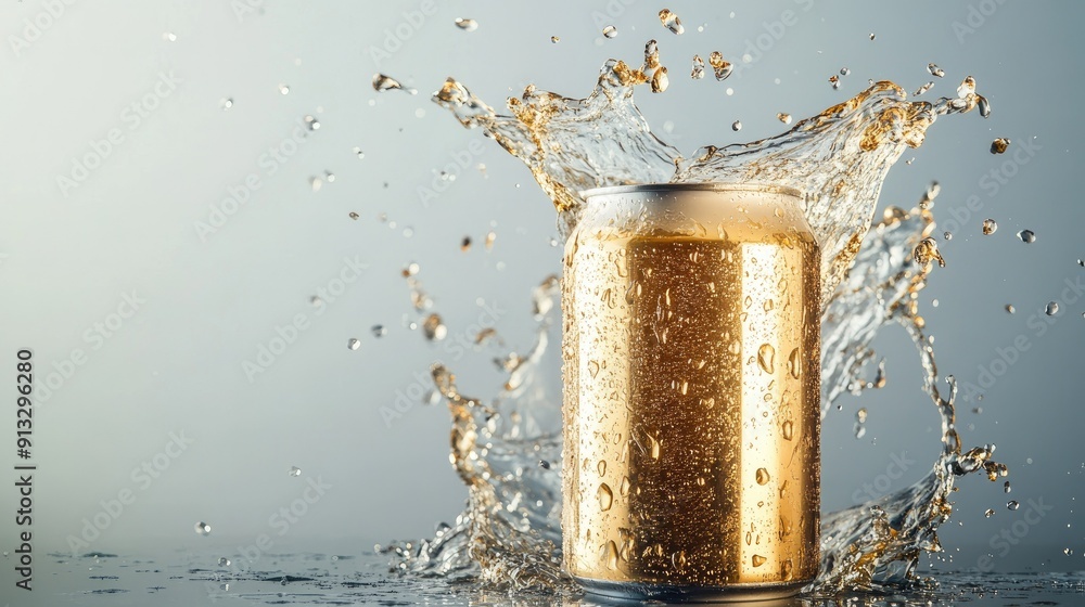 Poster dynamic shot of a beer can with liquid splashing out, isolated on a simple background for high impac