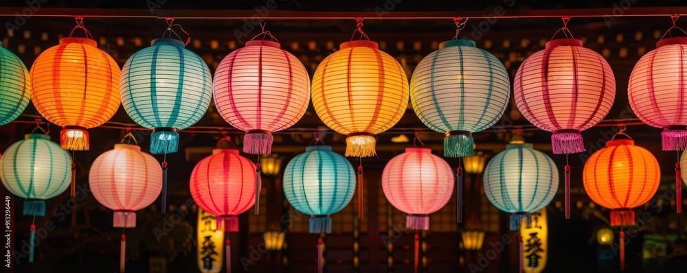 Poster a vibrant display of colorful hanging lanterns, illuminating a festive atmosphere with warm and invi