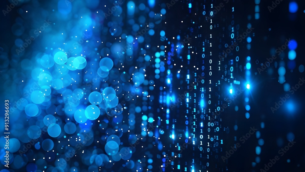 Poster digital binary code background with blue glowing lights and bokeh effect, creating an abstract digit