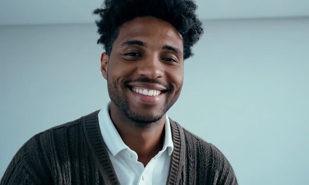 medium shot portrait of a happy Israeli man in his 30s wearing a chic cardigan against a minimalist or empty room background