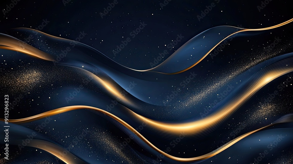 Poster glowing gold curves on dark blue background with sparkling lighting effect, creating a luxurious spa