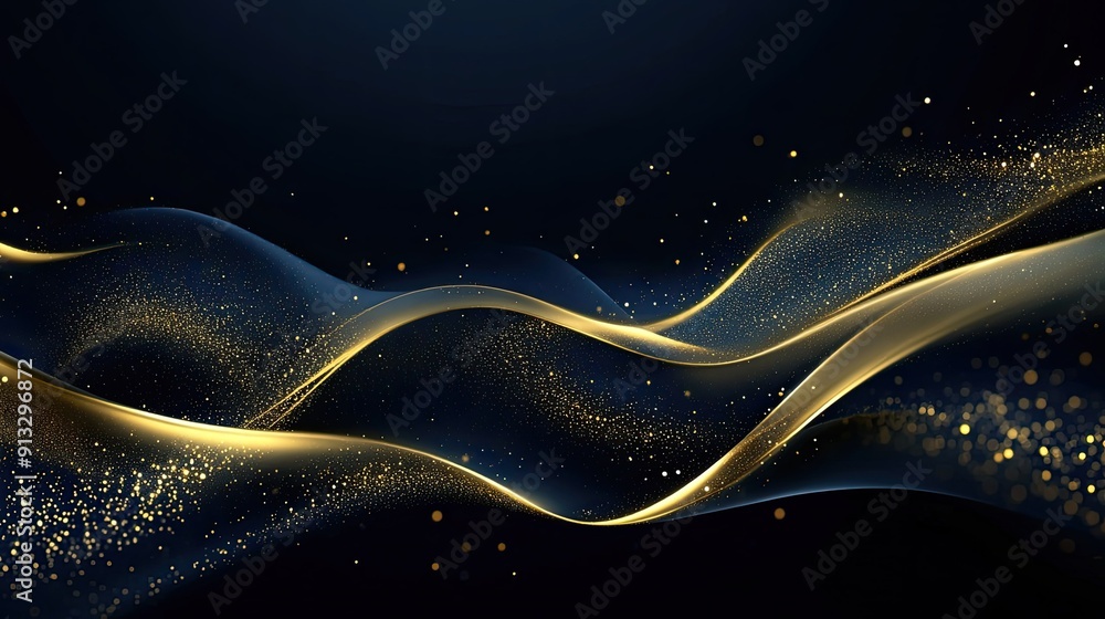 Poster glowing gold curves on dark blue background with sparkling lighting effect, creating a luxurious spa