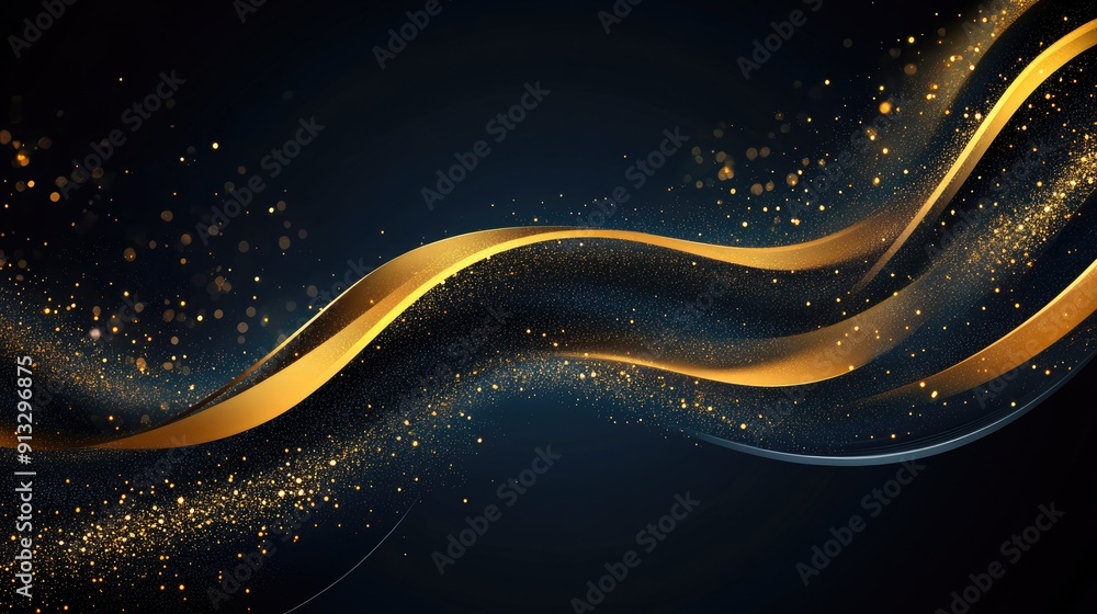 Poster glowing gold curves on dark blue background with sparkling lighting effect, creating a luxurious spa