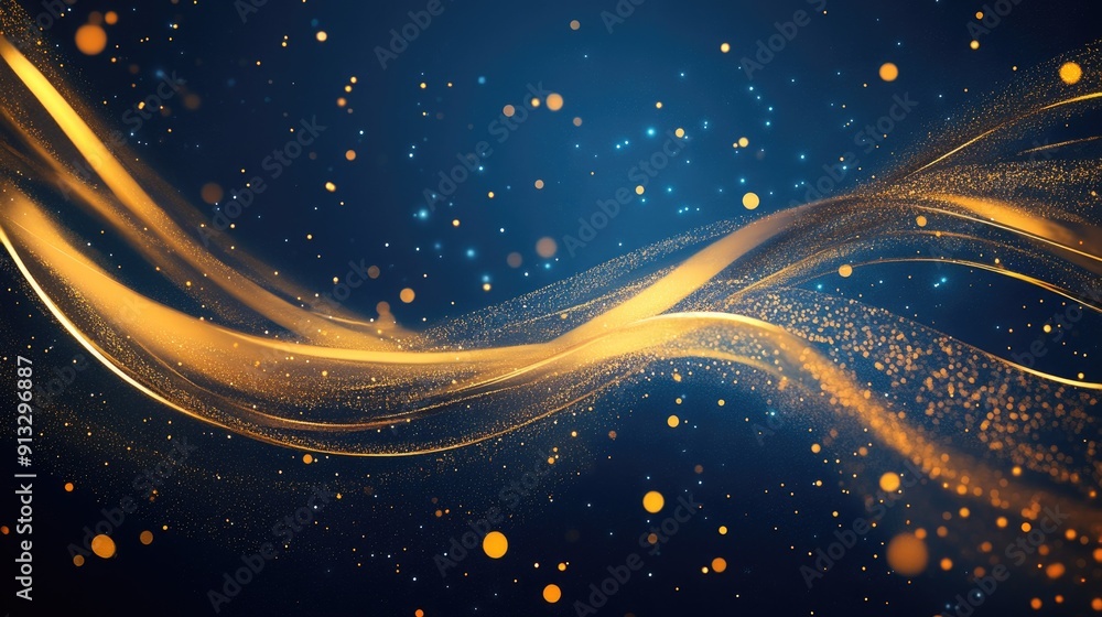 Poster glowing gold lines with sparkle on dark blue background, creating an elegant and dynamic effect with