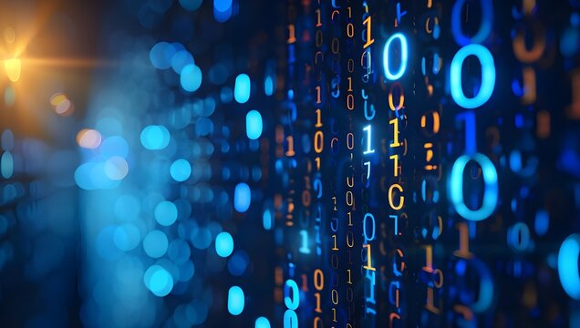 Digital binary code background with blue lights, representing data and technology. High resolution photo of binary numbers on dark blue bokeh background. Digital computer or software concept.