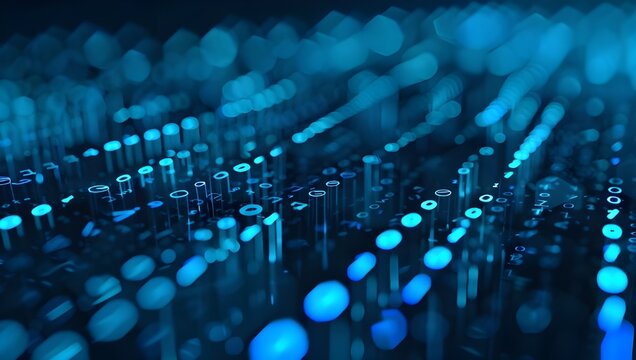 Digital binary code background with blue lights, representing data and technology. High resolution photo of binary numbers on dark blue bokeh background. Digital computer or software concept.