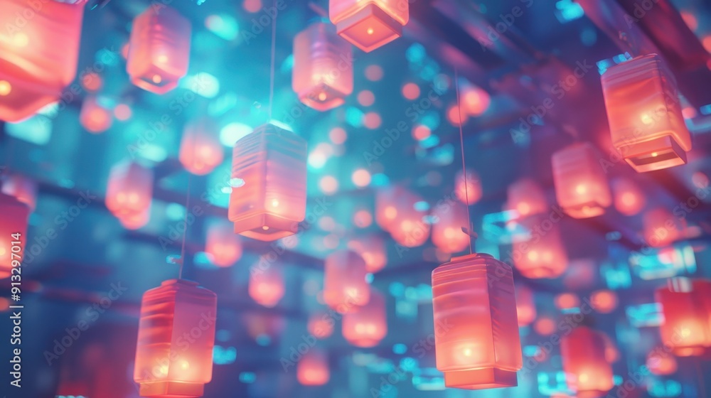 Poster colorful floating lanterns create a mesmerizing atmosphere, illuminating dark spaces with enchanting