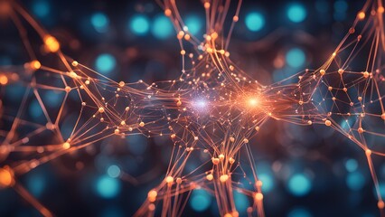 A colorful, abstract image of a brain with orange and blue lines