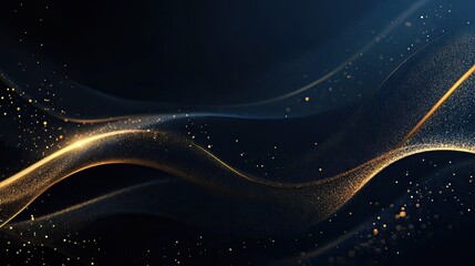 Stylish gold curved lines on dark blue background with lighting and sparkle effects, providing elegant text space.