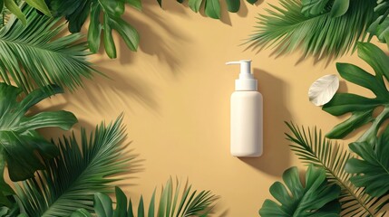 vSunscreen ad template with bottle and tropical leaves, promoting skincare under bright summer sun.