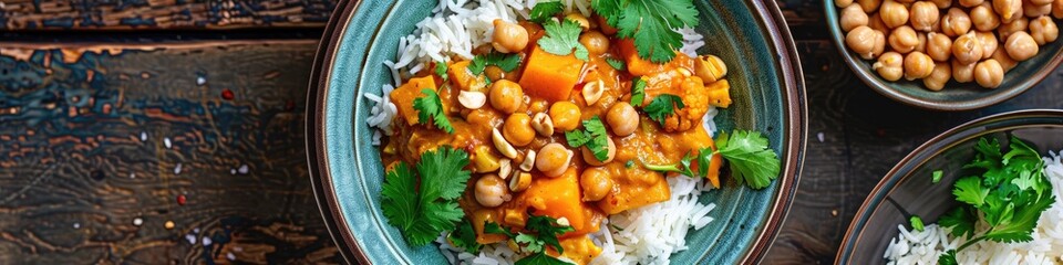Vegan curry featuring cauliflower chickpeas and butternut squash garnished with peanuts accompanied by rice and cilantro
