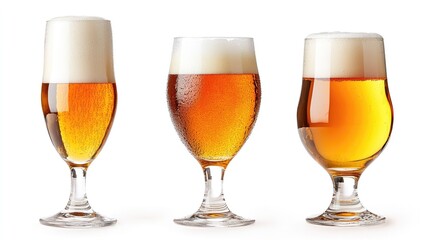 Three different beer glasses on a white background, each with clipping paths for high-quality, editable images.