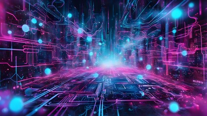 A computer generated image of a city with a blue sky and pink