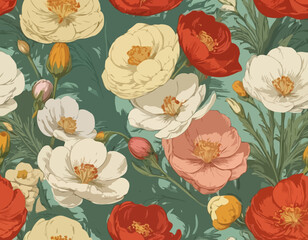 Colorful Ranunculaceae Spring Blooms, Antique Chromolithograph Illustration, Crafted in the 19th Century