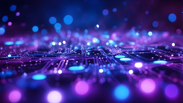 A computer chip with purple and blue lights