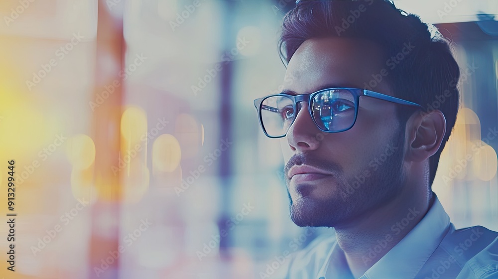Poster vyoung businessman working on a startup project, with clean copy space for business concepts and tex