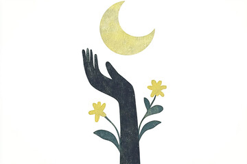 Obraz premium A minimalist illustration of a hand reaching for a crescent moon with yellow flowers. Generated by AI.