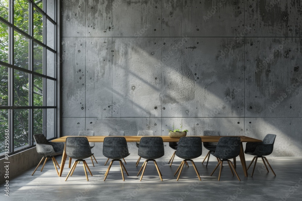 Poster a room with a table and chairs suitable for studying, meetings or working