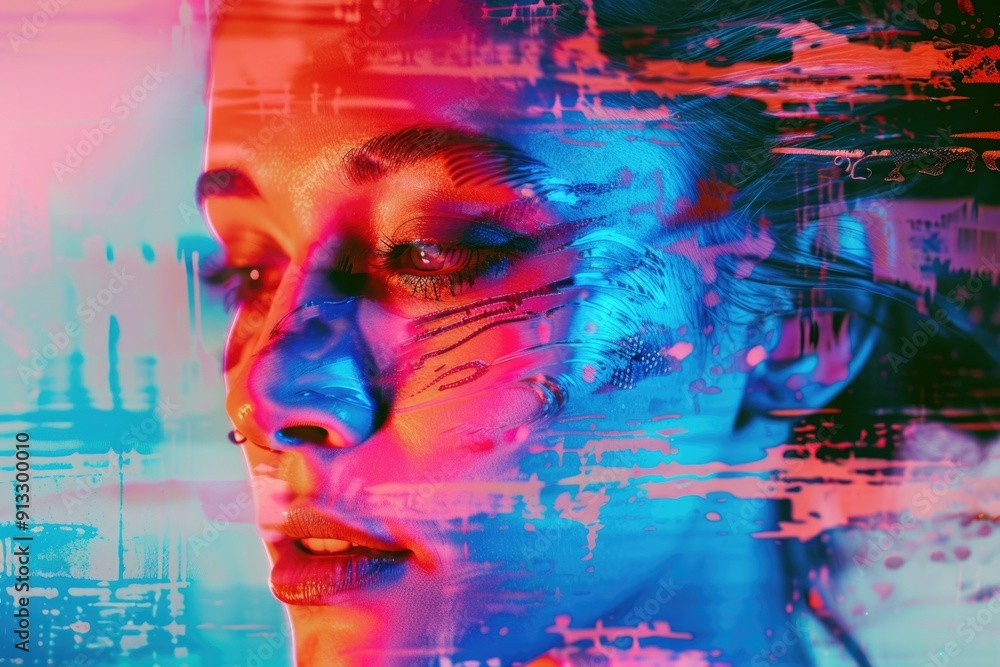 Poster Close-up portrait of a person with a face painted in various designs, ideal for use in creative projects and artistic representations