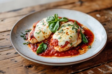 Plate of Delicious Chicken Margherita on a Wooden Table