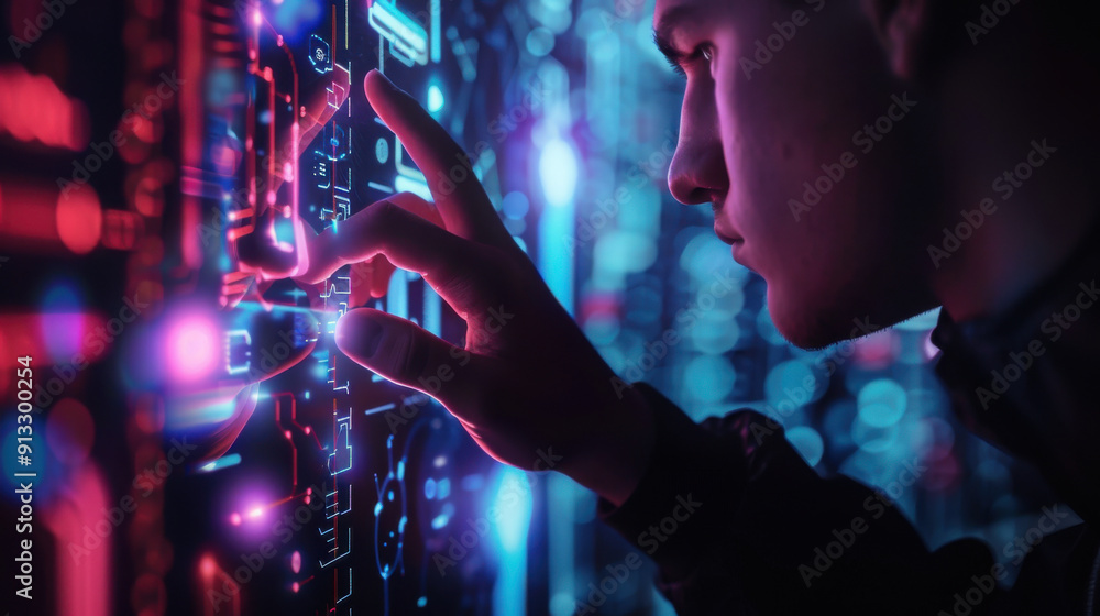 Poster futuristic concept: man chatting with an ai assistant, touching a virtual interface, chatbot, chatgp