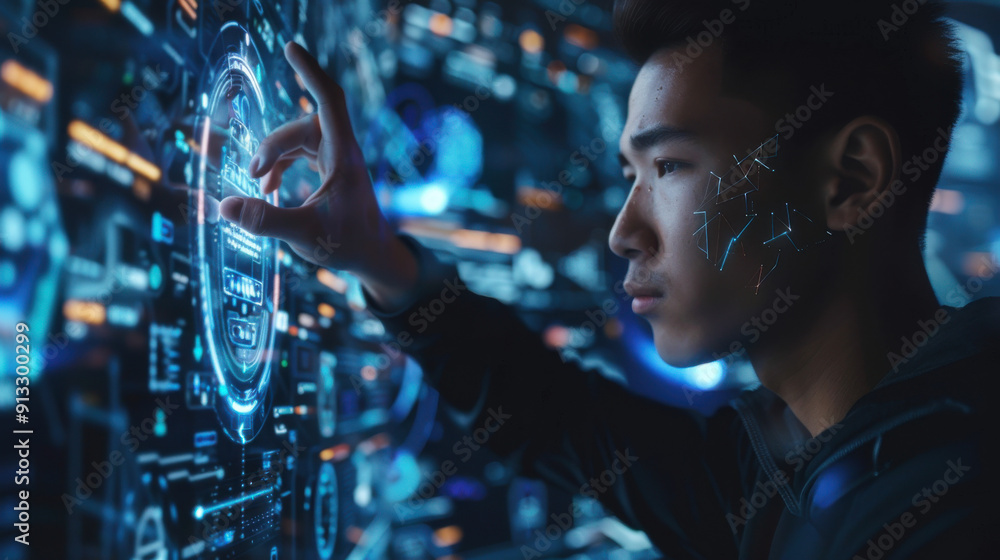 Poster futuristic concept: man chatting with an ai assistant, touching a virtual interface, chatbot, chatgp