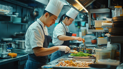  a Chinese male and female chef working together in a busy street-side restaurant kitchen