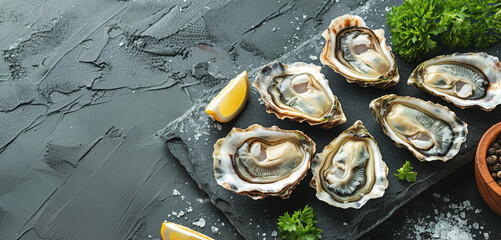 Fresh oysters presented on a slate platter garnished with lemon wedges and herbs, perfect for a seafood feast.