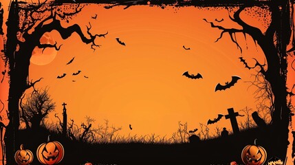 Halloween themed night frame with a blood-red moon, silhouettes of trees, a church, bats, a graveyard, and jack-o'-lanterns in the foreground 