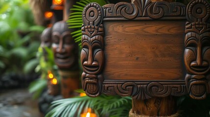 A Blank Wooden Tiki Sign on a Tropical jungle path - Polynesian Elements, Hawaii  theme blank sign, Hawaiian theme, Polynesian, Tiki Bar - copyspace with slow Zoom, motion, depth from dolly shot 