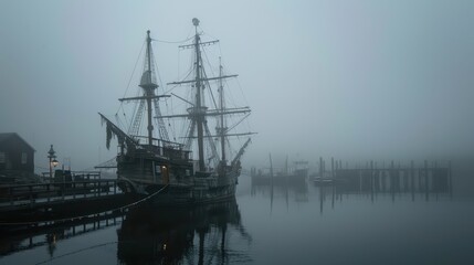 Mysterious fog envelops a historic ship docked at a quiet harbor, creating a serene and atmospheric maritime scene.
