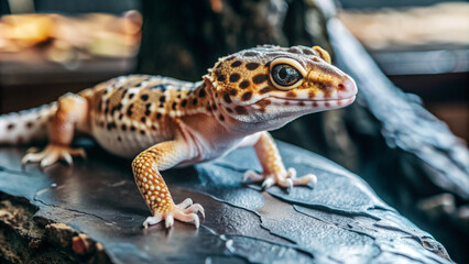 Obraz premium Gekko Eublephar lizard on a rock in terrarium. Wildlife amphibian pet at home habitat.