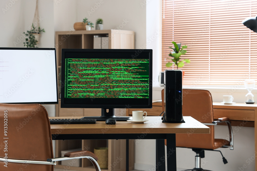 Poster modern workplace of programmer with double monitor in stylish office