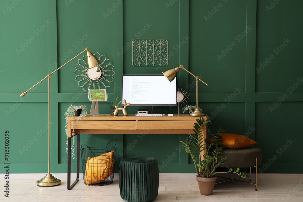 Aufkleber stylish workplace of programmer with modern computer in office