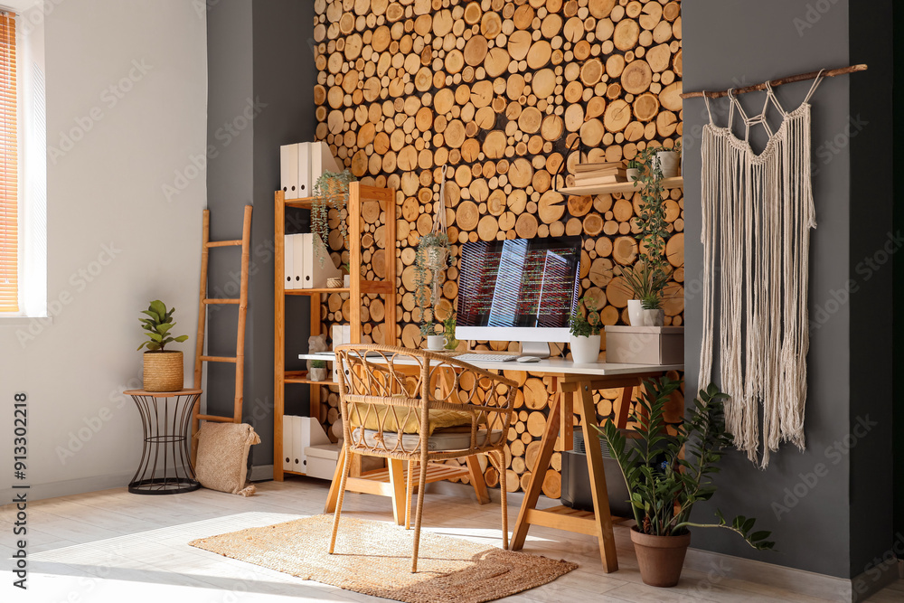 Poster stylish workplace of programmer with modern computer in light office