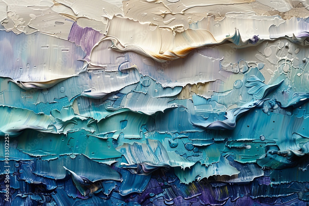Poster various shades of paint create textured layers resembling ocean waves on a canvas. generative ai