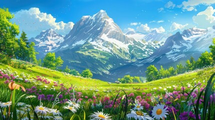 A Picturesque Meadow Beneath Majestic Snowy Mountains