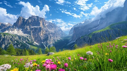 Fototapeta premium Majestic Mountain Range with Blooming Wildflowers in a Sunny Meadow