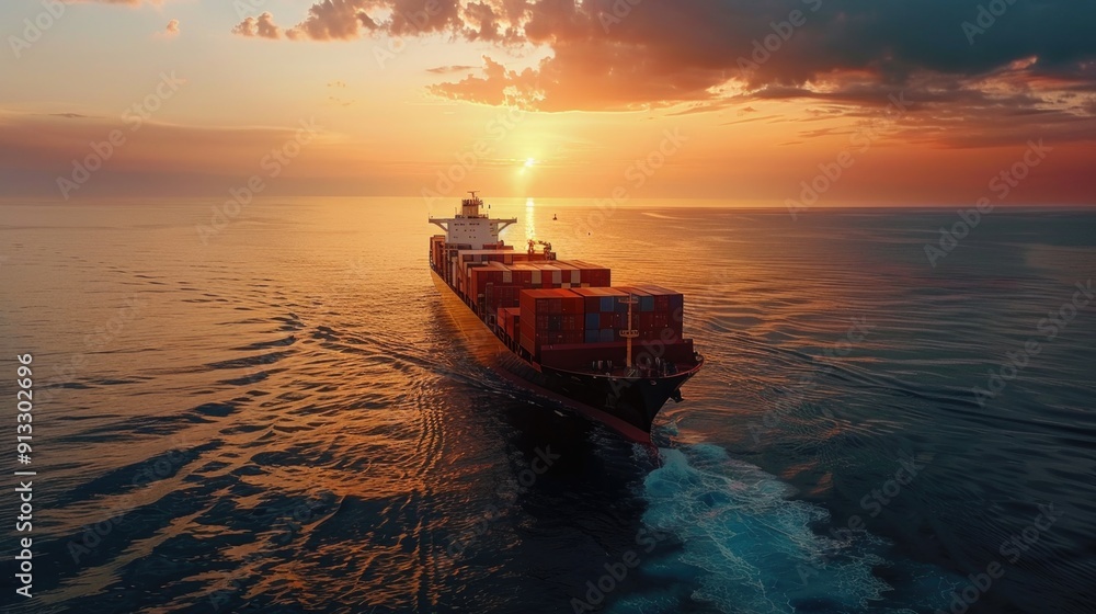 Poster a large cargo ship sails on the open ocean as the sun sets in the background